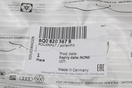VW Polo Audi A1 Skoda Fabia SEAT Ibiza cabin pollen filter 6Q0820367B