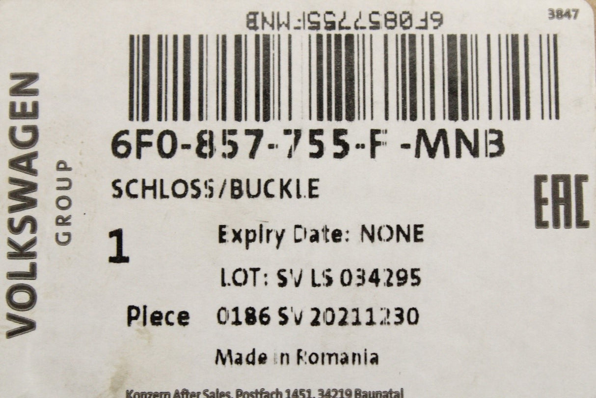 VW Polo AW 18-on Audi A1 19-on seat belt latch (left) 6F0857755F MNB