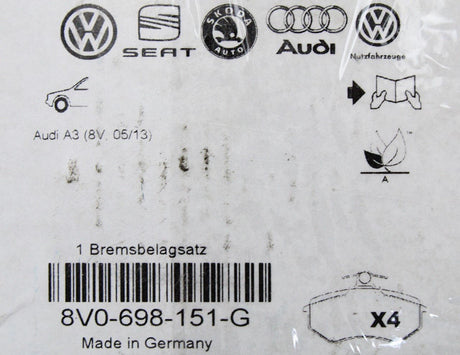 VW Golf MK7 Touran T-Roc Audi A3 TT Front brake pads (288mm) 8V0698151G