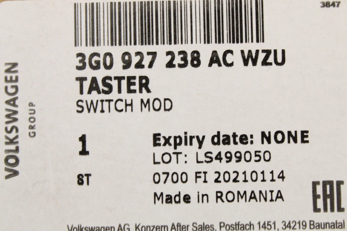 VW Passat B8 2015-24 parking aid sensor switch module 3G0927238AC WZU