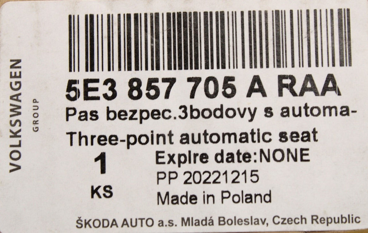 Skoda Octavia 2020-on seat belt (front left) 5E3857705A RAA