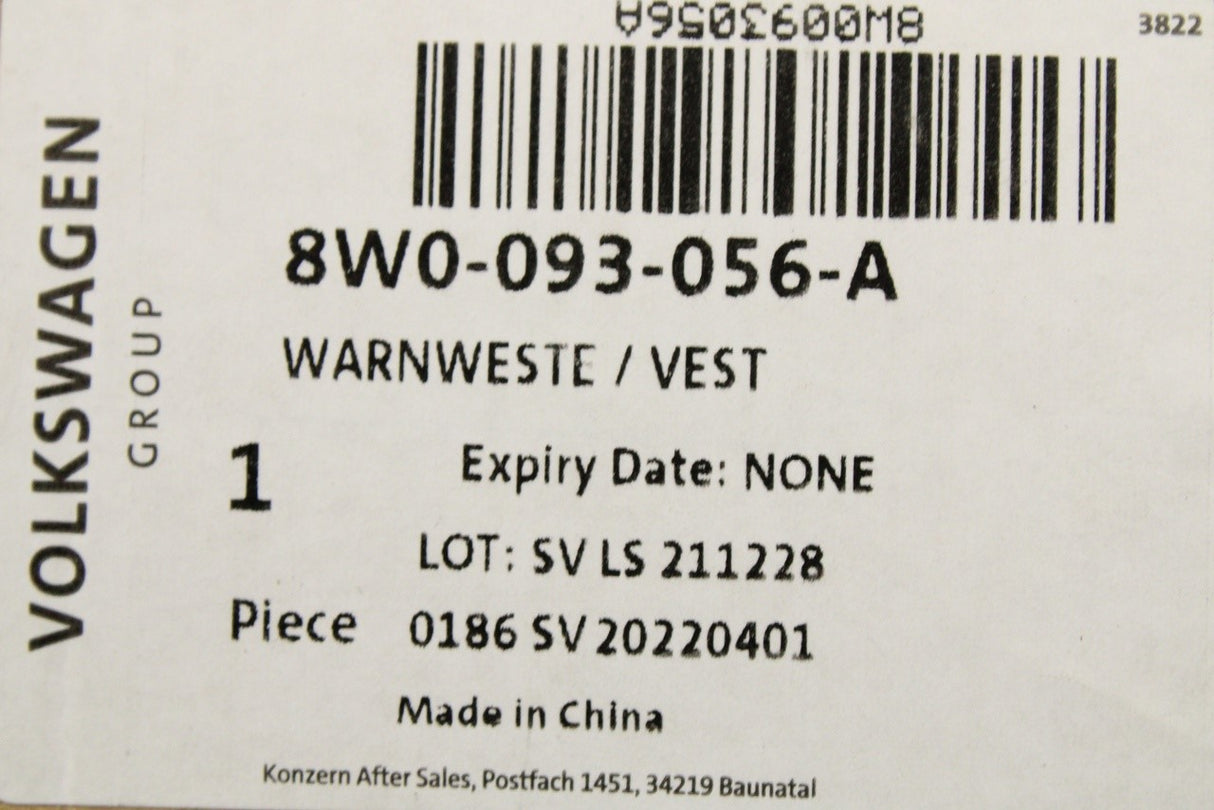Audi hi-visibility roadside safety vest 8W0093056A