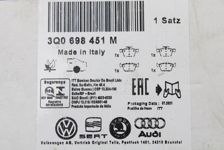 Skoda Superb 3 Kodiaq Rear brake pads for 300mm brake disc 3Q0698451M