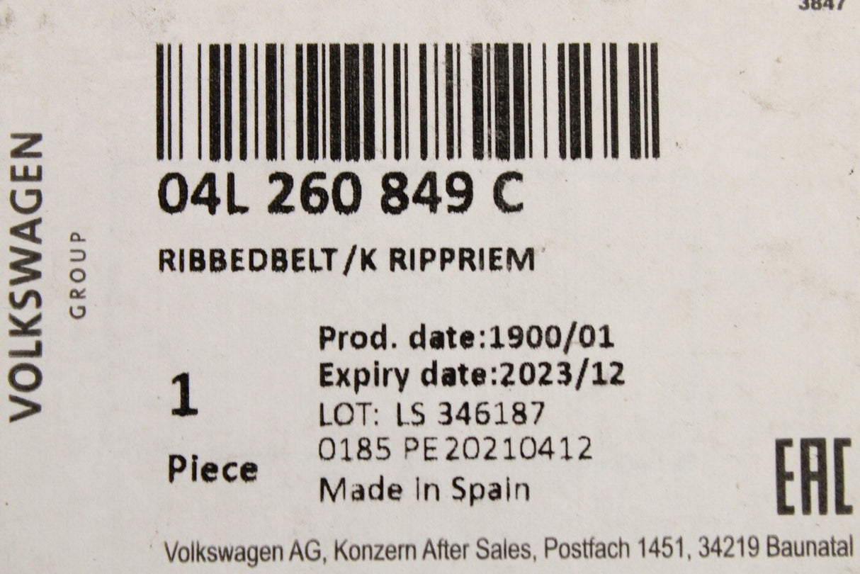 VW Golf Audi Skoda SEAT 2013-on auxiliary belt (1.6 2.0 TDI) 04L260849C