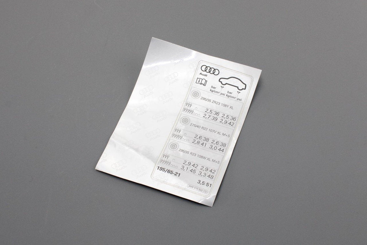 Audi RSQ8 2020-on tyre pressure data sticker 4M8010502CD – Partshaus Ltd