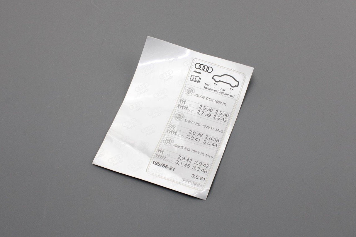 Audi RSQ8 2020-on tyre pressure data sticker 4M8010502CD