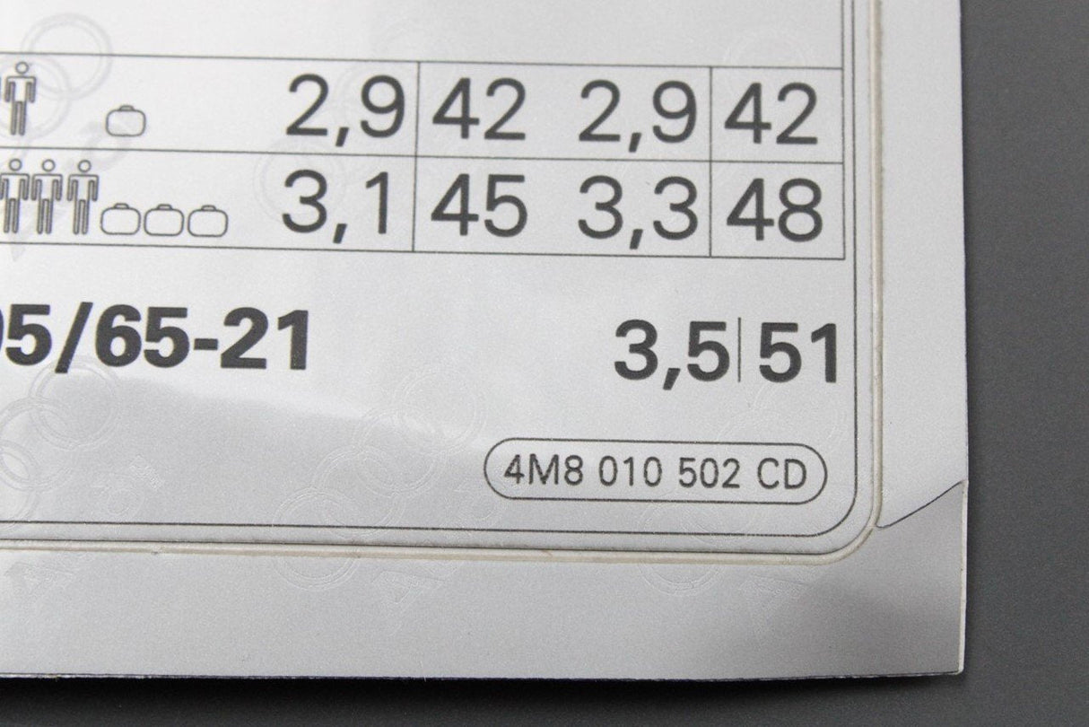 Audi RSQ8 2020-on tyre pressure data sticker 4M8010502CD