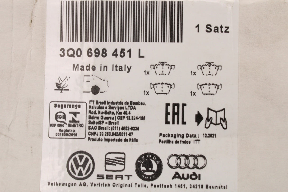 VW Passat B8 Audi Q3 Skoda brake pads for 300x12mm (rear) 3Q0698451L
