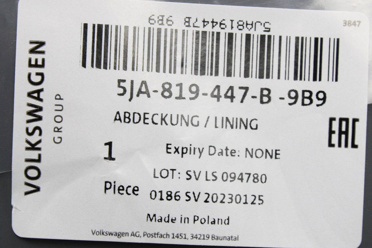 Skoda Rapid SEAT wing scuttle panel trim lining (left) 5JA819447B 9B9