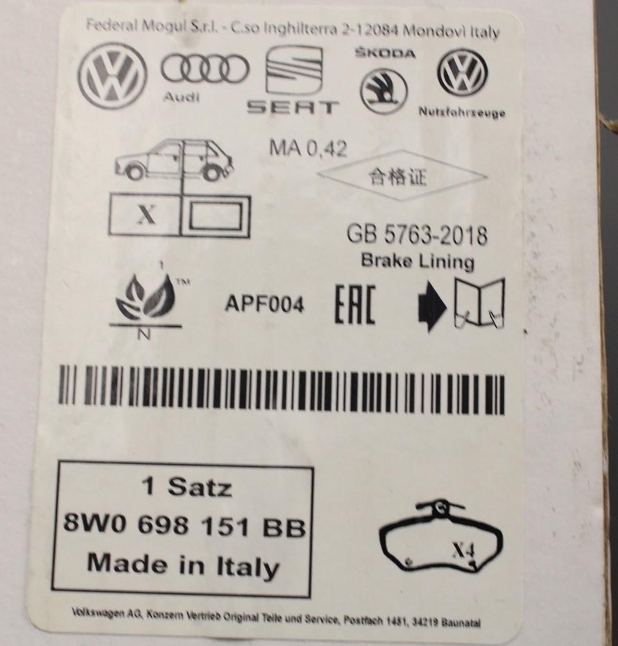 Audi A4 A5 A6 A7 Q5 2016-on brake pad set (front) 8W0698151BB
