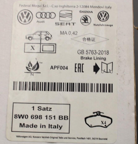 Audi A4 A5 A6 A7 Q5 2016-on brake pad set (front) 8W0698151BB