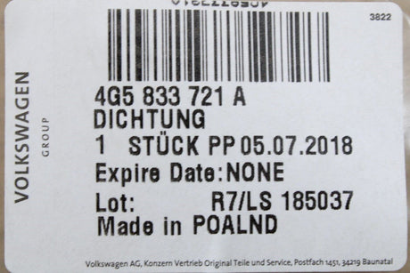 Audi A6 S6 Saloon 2011-18 rear inner door seal (left & right) 4G5833721A