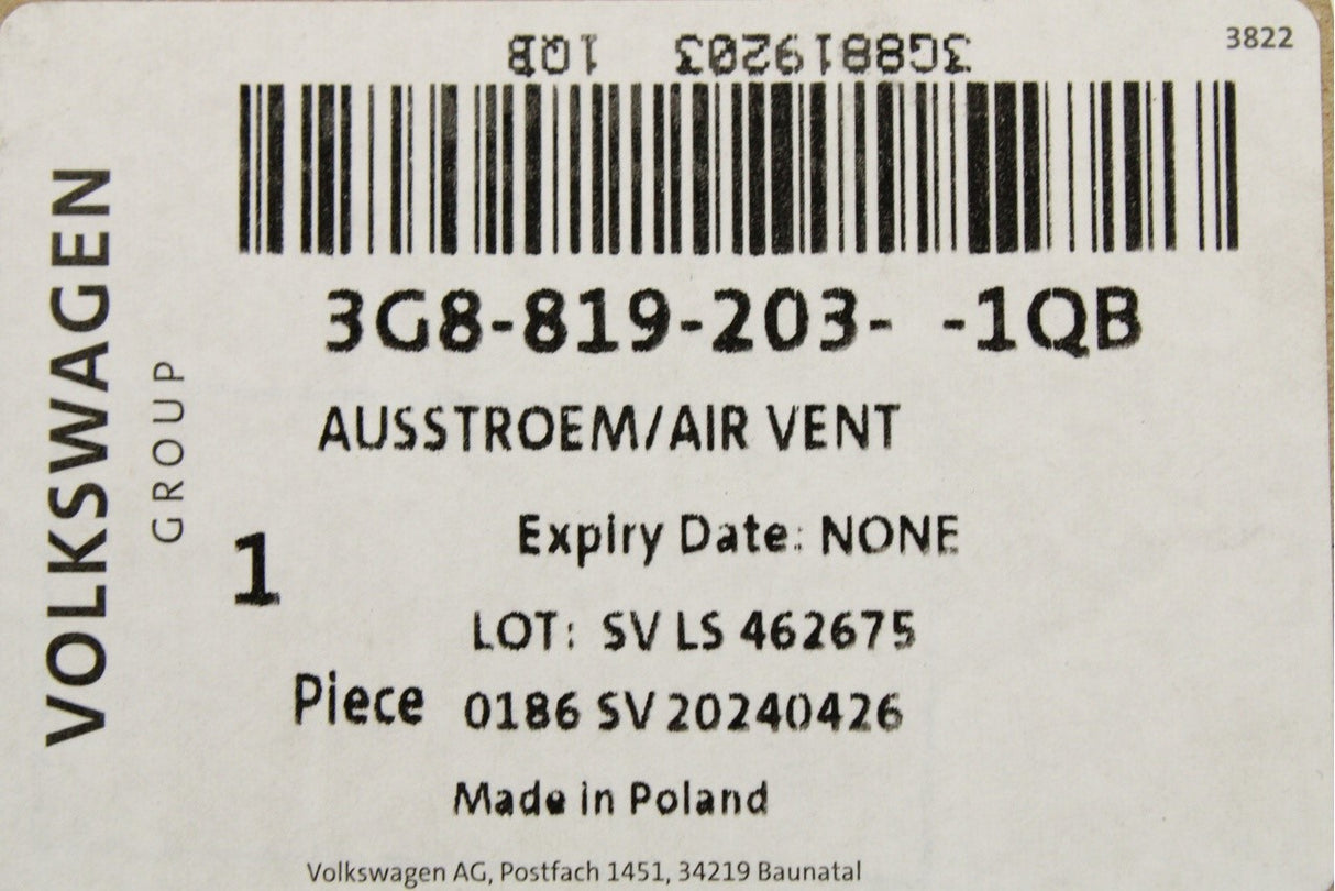 VW Arteon Passat 2015-on rear centre console air vent 3G8819203 1QB