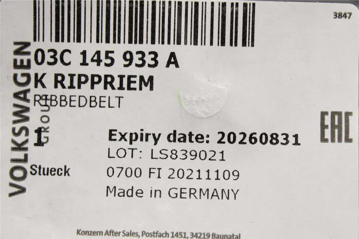 VW Beetle Eos Golf Polo Scirocco 1.4 TSI poly-v drive belt 03C145933A