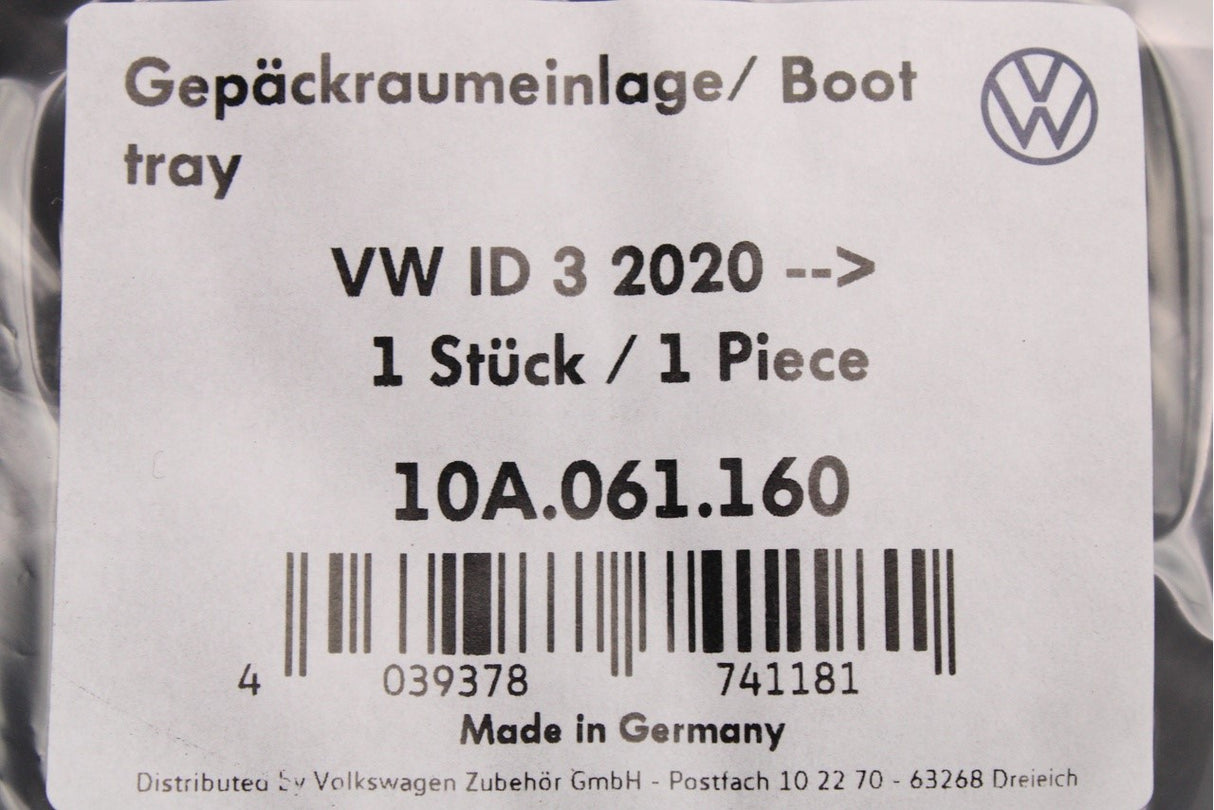 VW ID.3 2020-on flexible foam boot liner mat 10A061160