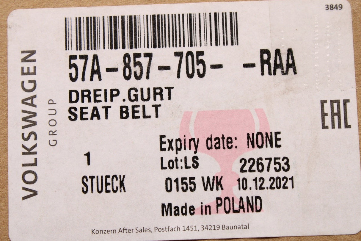 VW Taos Skoda Karoq 2018-on front safety seat belt (left) 57A857705 RAA