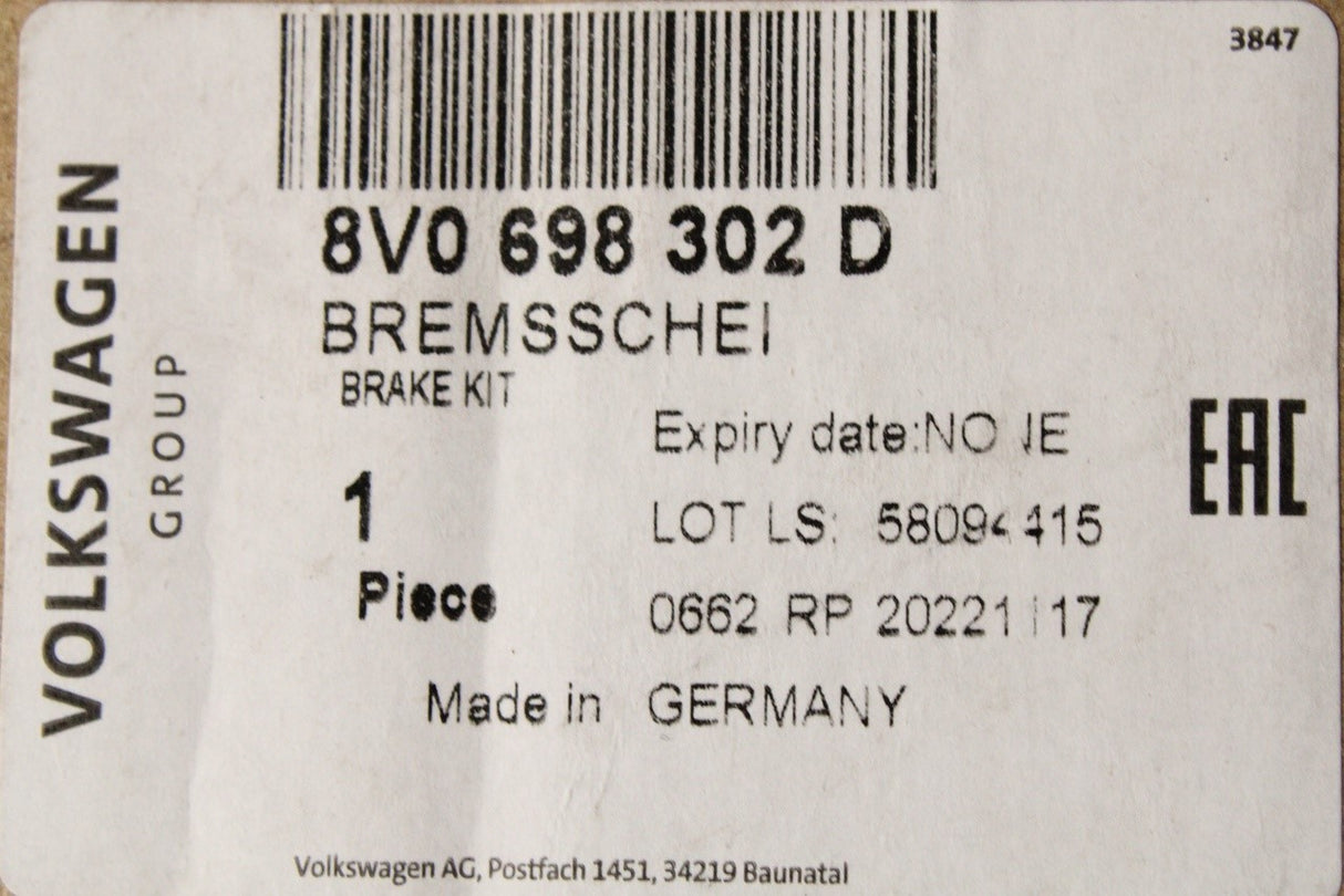 Audi S3 Cabriolet 2015-16 8V brake discs and pads set (front) 8V0698302D
