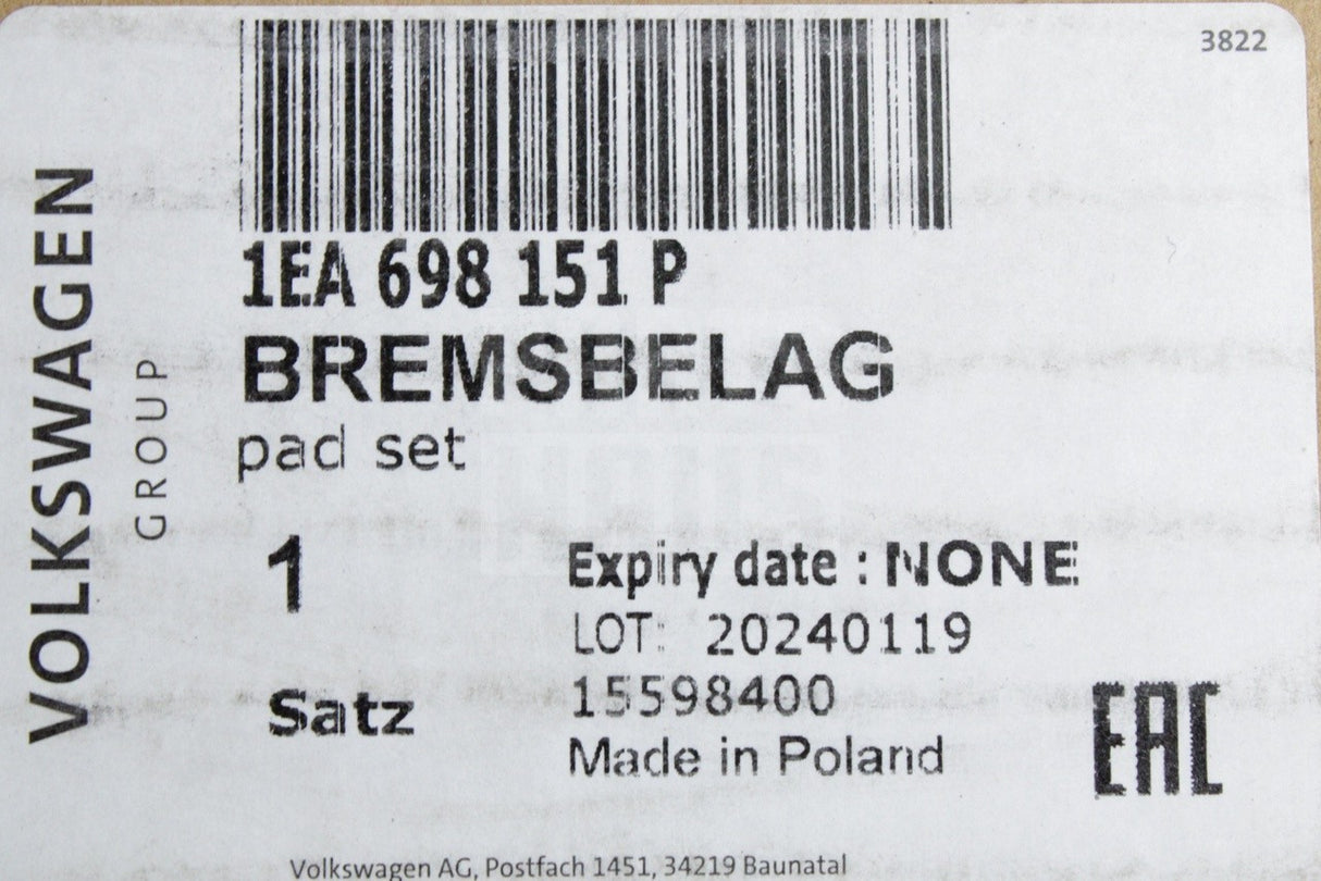 VW ID.3 Audi Q4 e-tron Skoda CUPRA Born brake pad kit (front) 1EA698151P