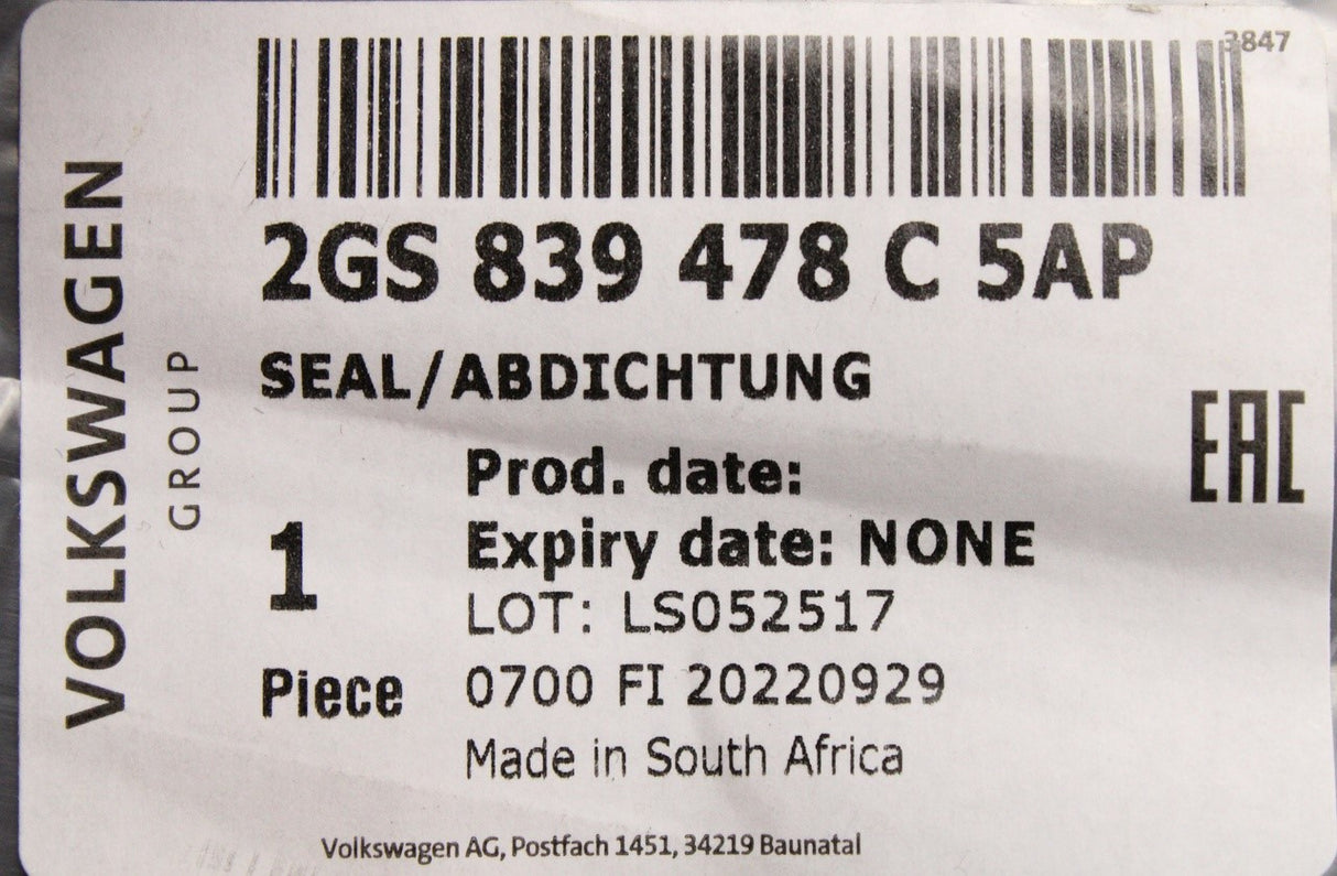 VW Polo AW 2018-on rear window exterior slot seal (right) 2GS839478C 5AP