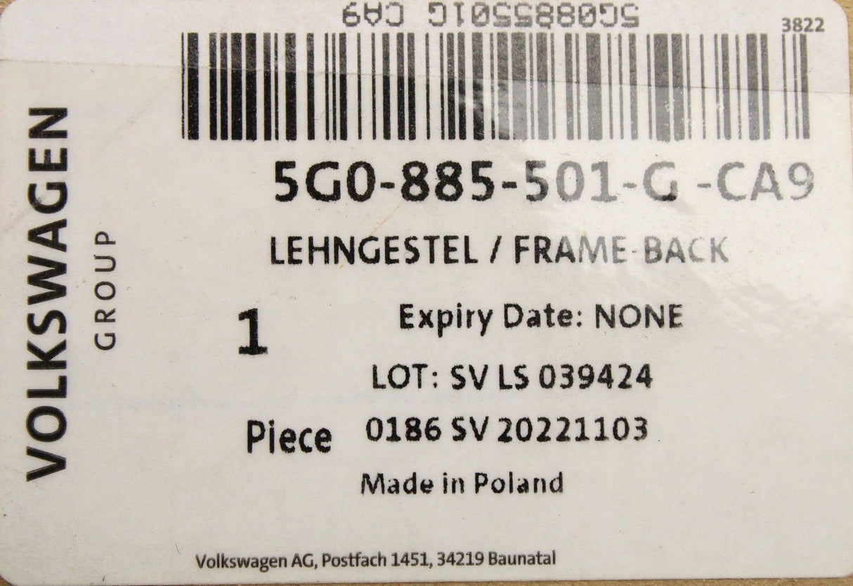 Audi A3 Saloon 2020-on seat backrest frame (rear left) 5G0885501G CA9