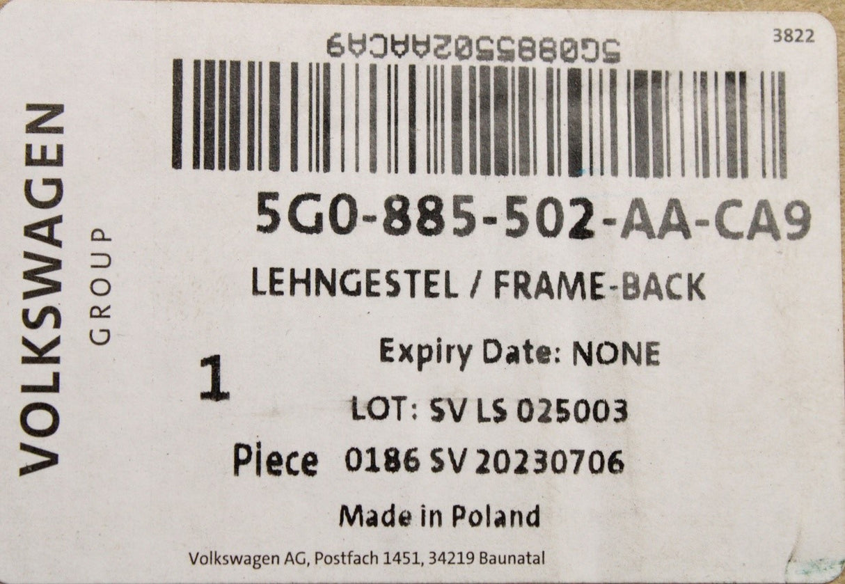 VW Arteon T-Roc 2017-on seat backrest frame (rear right) 5G0885502AA CA9