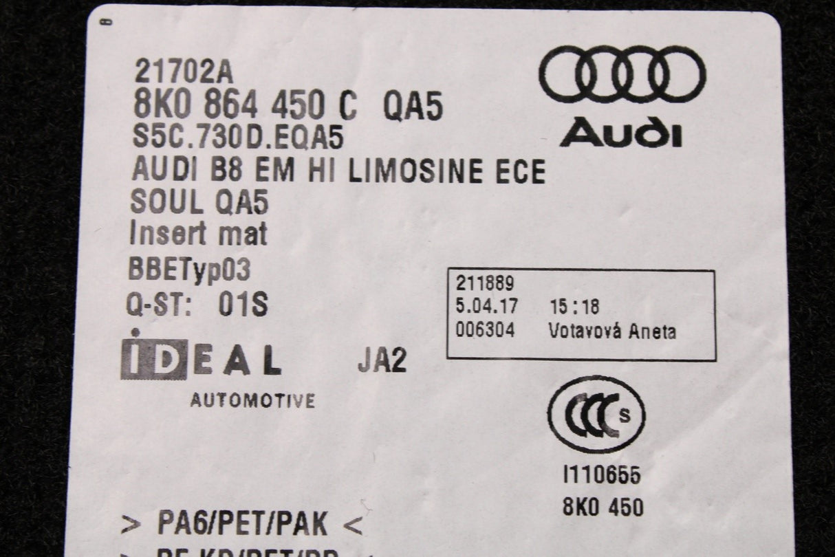 Audi A4 S4 RS4 A5 S5 2008-16 carpet floor mats set (rear) 8K0864450C QA5