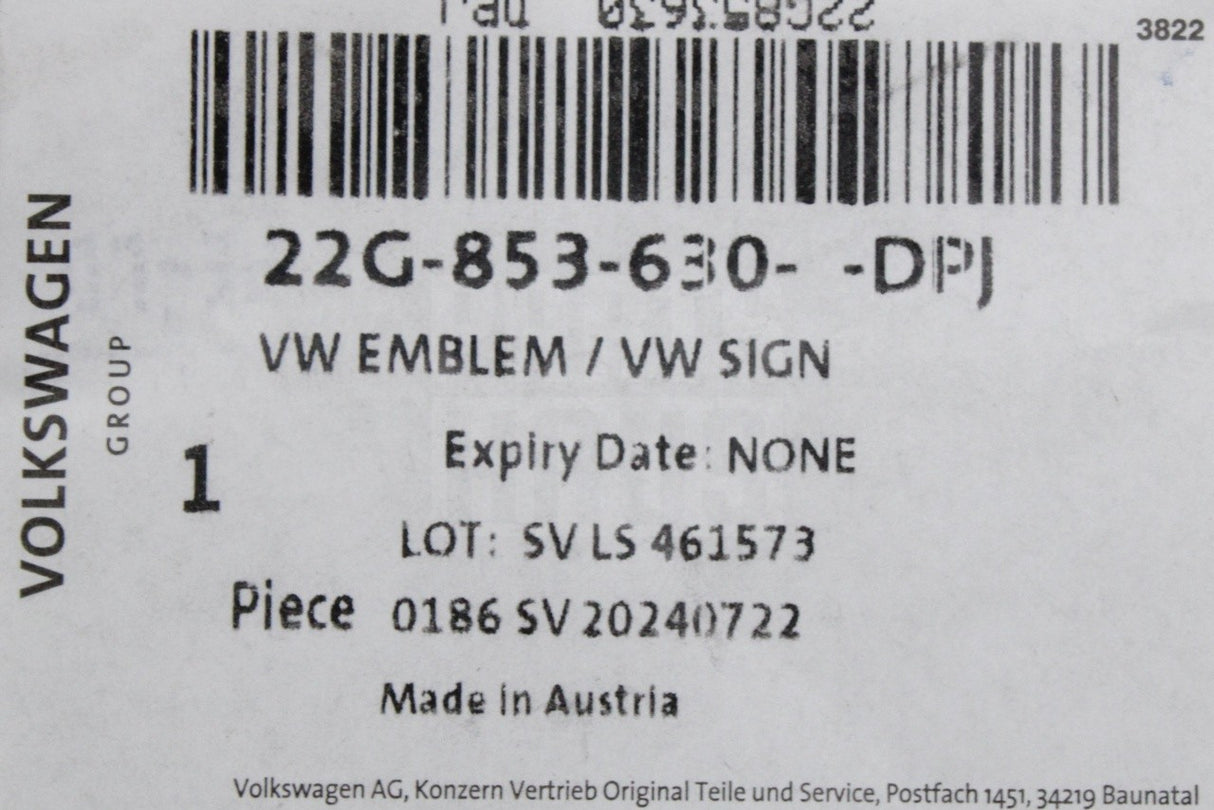 VW T-cross 2019-on Taigo 2022-on rear VW emblem badge 22G853630 DPJ