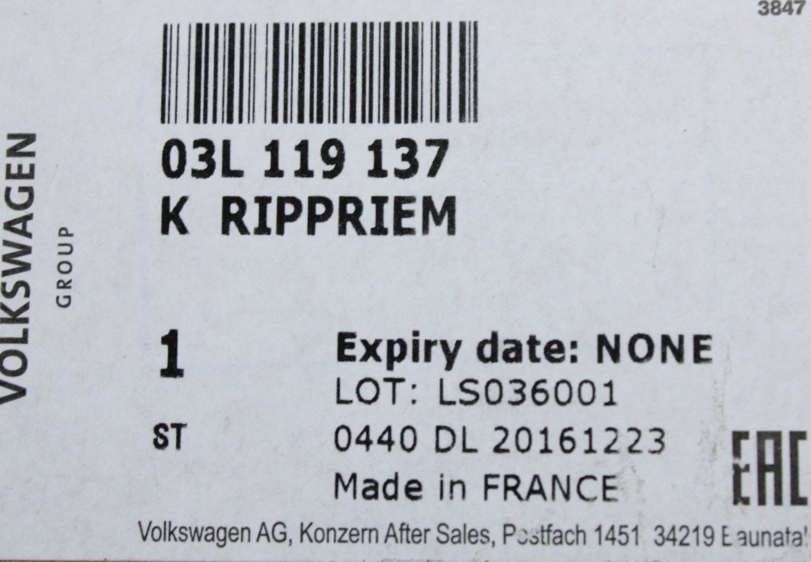 VW Crafter 2.0 TDI 2006-16 poly V auxiliary drive belt 03L119137