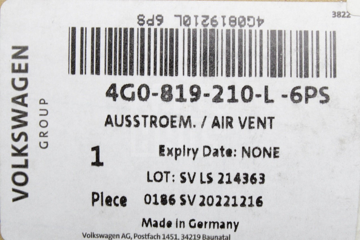 Audi Q7 Q8 RSQ8 2016-on b-pillar air vent (upper right) 4G0819210L 6PS