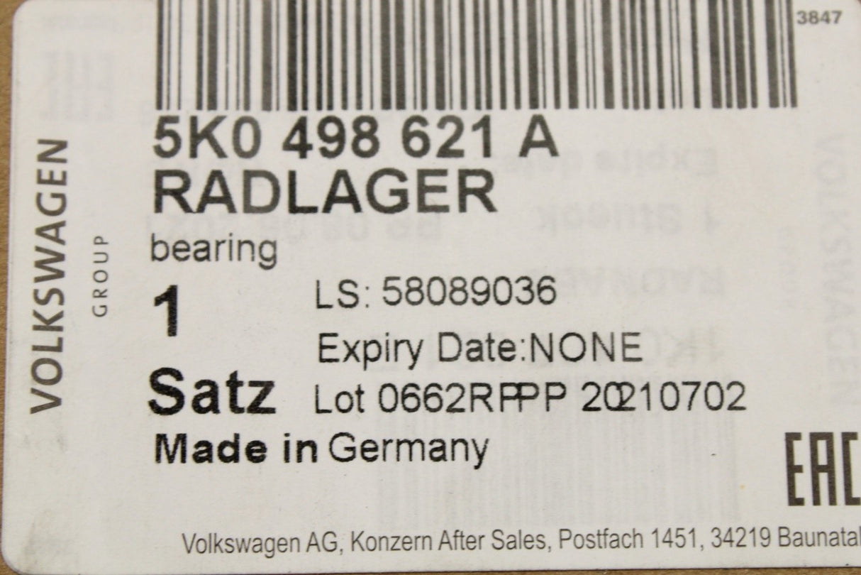 VW Caddy Golf MK6 Audi Skoda SEAT front wheel bearing kit 5K0498621A