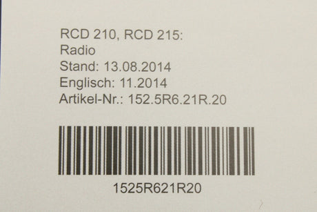 VW radio manual RCD210 RCD215 (2014 edition) 1525R621R20