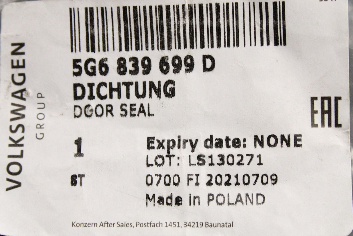VW Golf MK7 MK7.5 2013-20 rear outer door seal (left) 5G6839699D