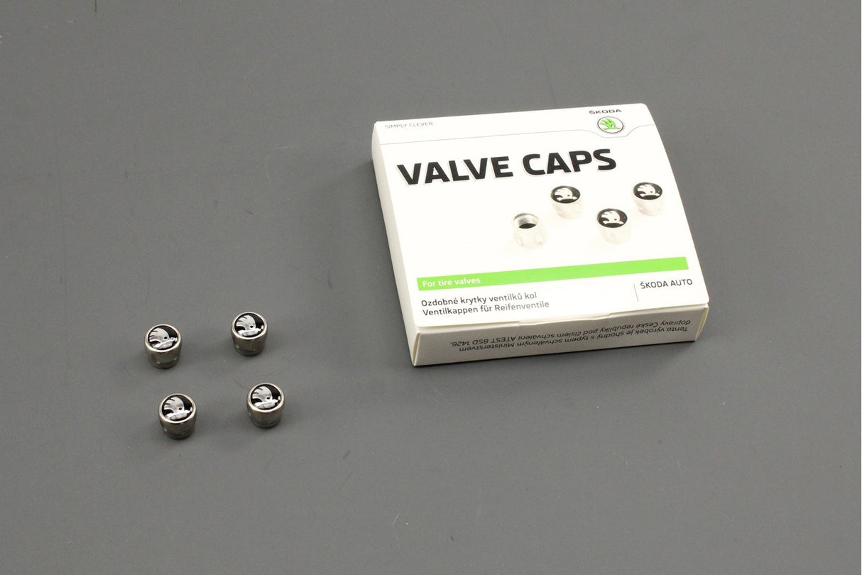 Skoda logo tyre valve cap set (for rubber/brass valves) 000071215C