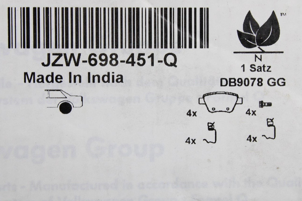 VW Golf MK6 Caddy Leon Octavia rear brake pads 272mm discs JZW698451Q