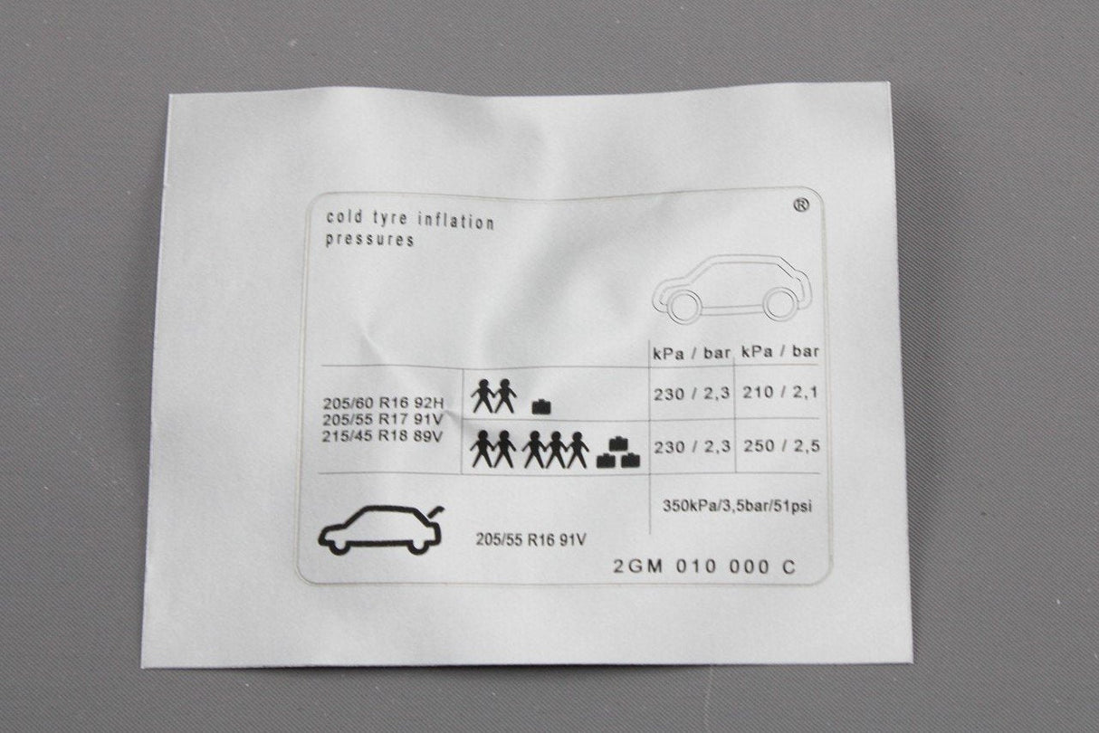 VW T-Cross 2019-on tyre pressure data sticker 2GM010000C