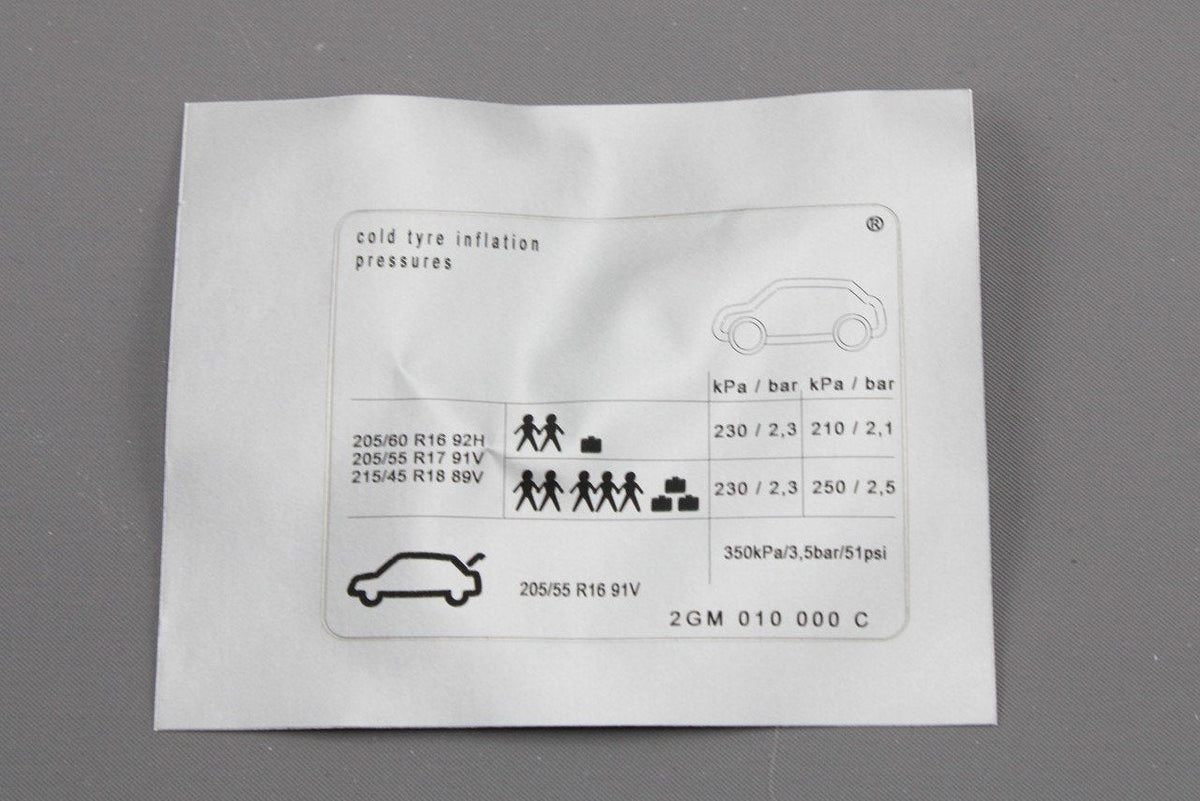 VW T-Cross 2019-on tyre pressure data sticker 2GM010000C, view 1