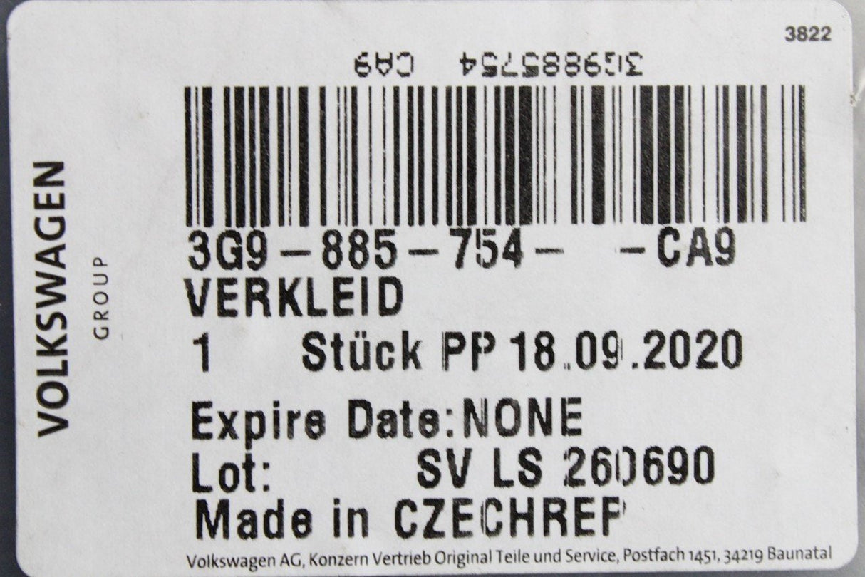 VW Passat B8 Audi S3 RS3 Q2 rear backrest carpet (right) 3G9885754 CA9