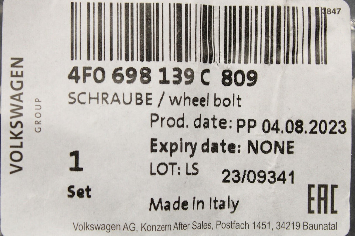 Audi A1 A3 A4 A5 A6 locking wheel nut with key code J 4F0698139C 809