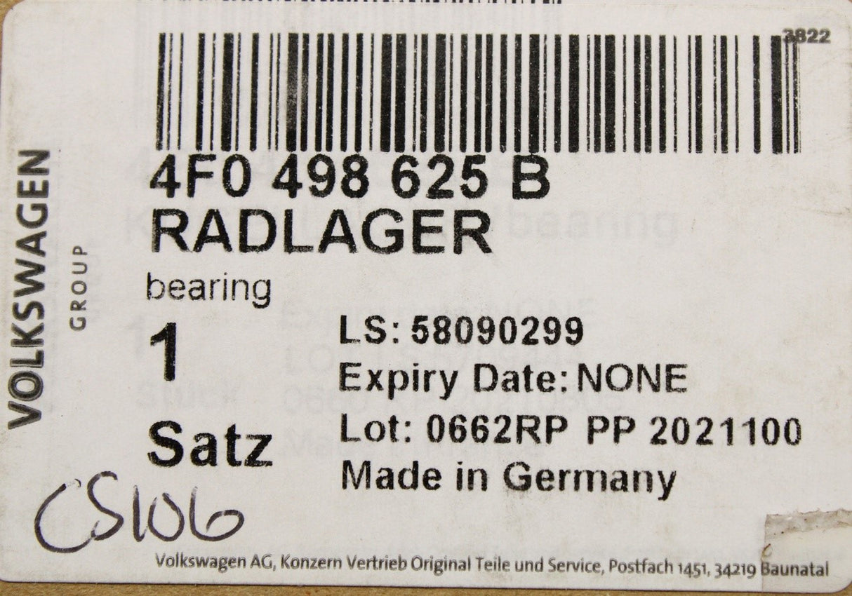 Audi R8 2007-15 A6 2005-2011 wheel bearing (front) 4F0498625B