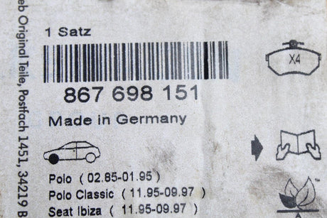 VW Polo 1982-2000 SEAT Ibiza 1993-1999 brake pads (front) 867698151