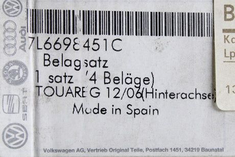 VW Touareg 2006-2010 brake pad set (rear) 7L6698451C