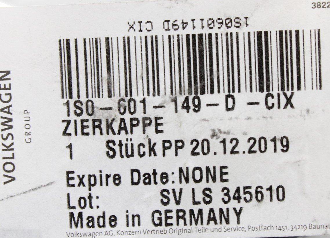 VW Up e-Up 2012-On Wheel centre hub cap Silver/White (x1) 1S0601149D CIX