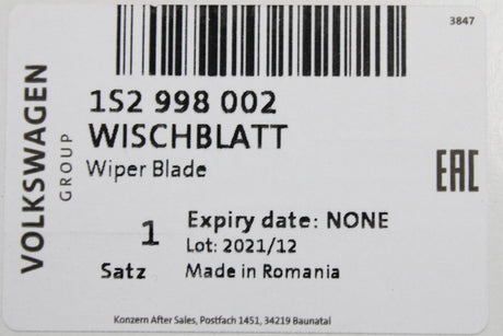 VW Up! SEAT Mii Skoda Citigo front aero wiper blades set RHD 1S2998002