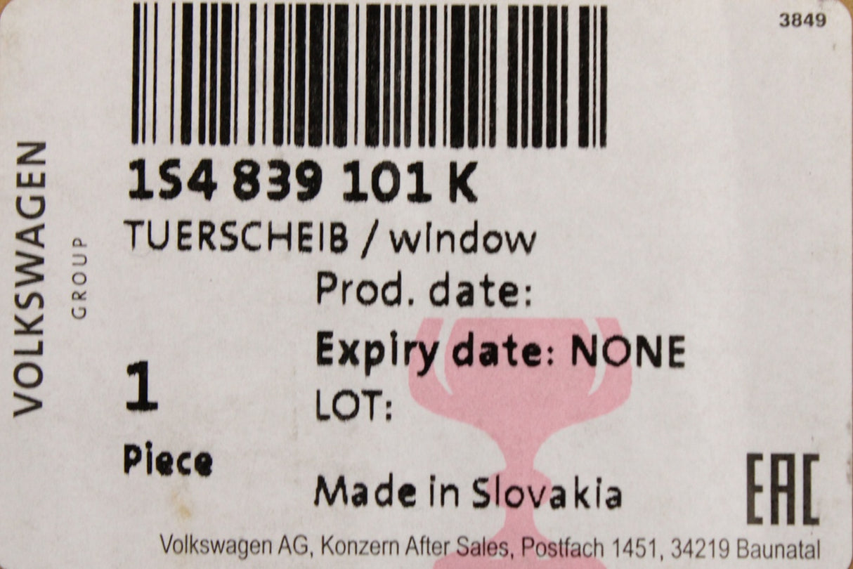 VW Up! Skoda Citigo SEAT Mii rear side window glass (left) 1S4839101K