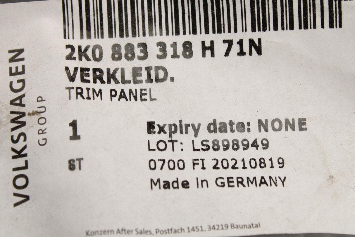 VW Caddy Kombi 2011-2015 rear seat side trim (right) 2K0883318H 71N