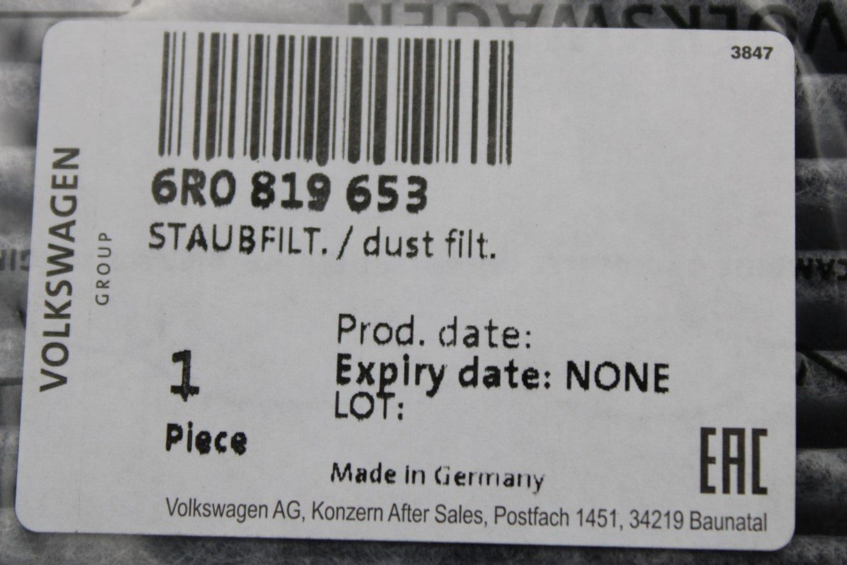 VW Audi Skoda SEAT Cabin pollen filter element 6R0819653