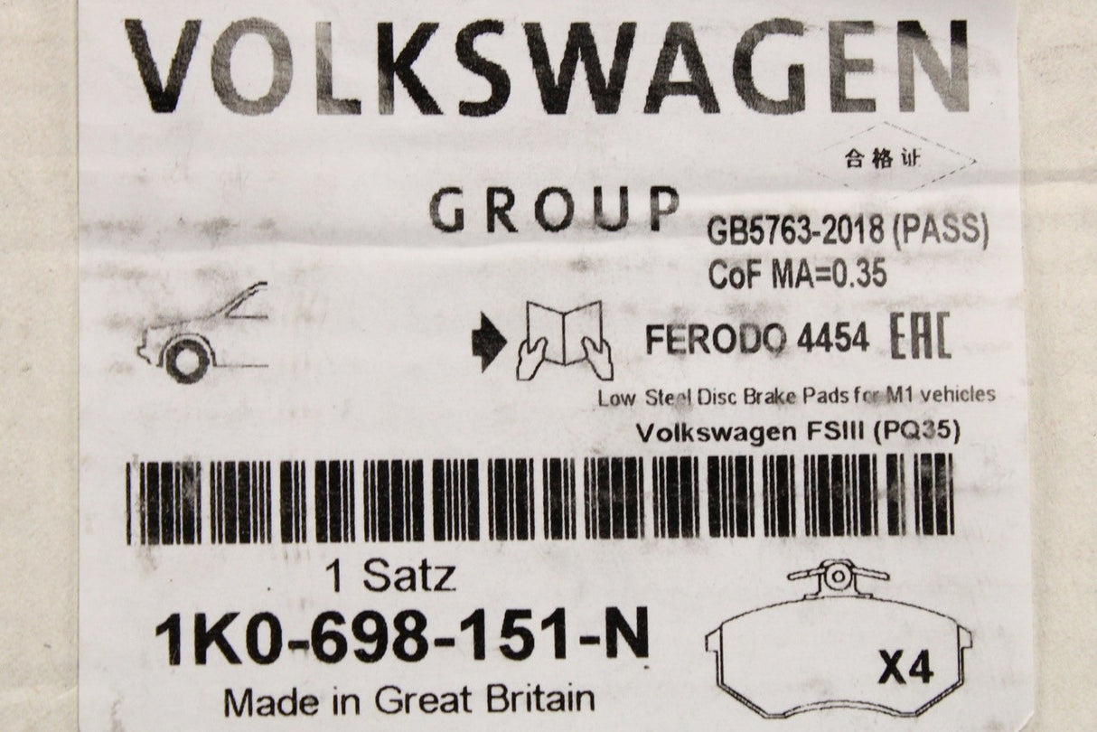 VW Golf Audi A3 Skoda Octavia SEAT front brake pads 280x22mm 1K0698151N