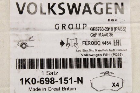 VW Golf Audi A3 Skoda Octavia SEAT front brake pads 280x22mm 1K0698151N