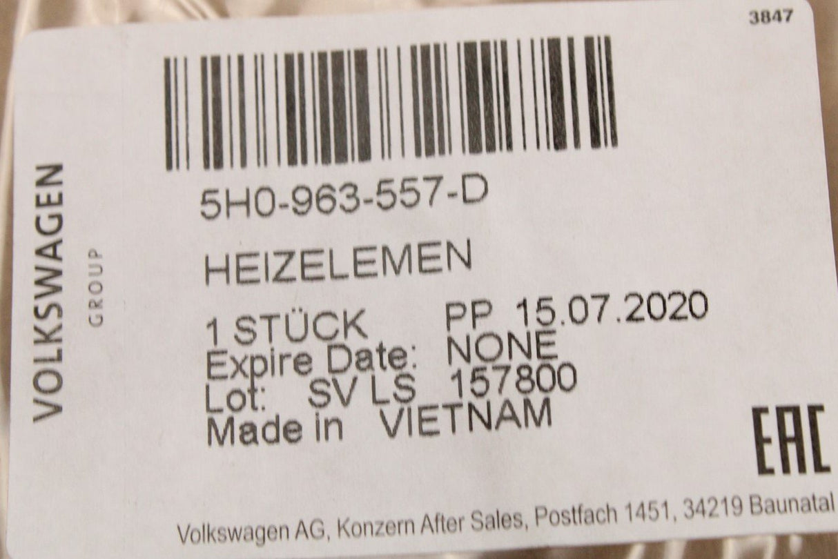 VW Golf MK8 2020-on heated seat element (front backrest) 5H0963557D