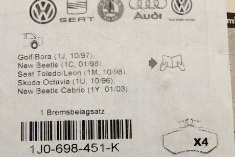 VW Golf MK4 GTI Leon Octavia rear brake pads (256mm discs) 1J0698451K